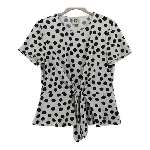 Anne Klein Polka Dot Print Blouse Medium Black White‎ Front Tie Top Short Sleeve - Picture 11 of 11